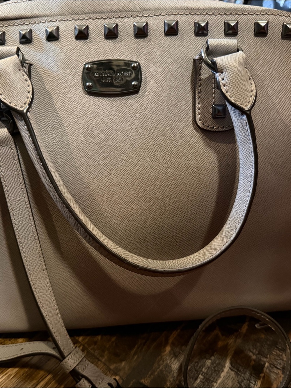 Michael Kors Beige Saffiano Leather Studded Satchel